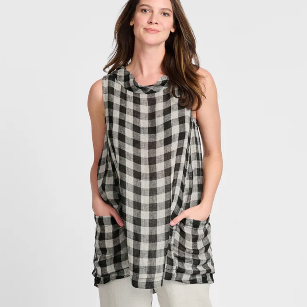 FLAX Artful Tunic Blouse Sleeveless Linen Lagenlook‎ Gingham Pockets Top Size P